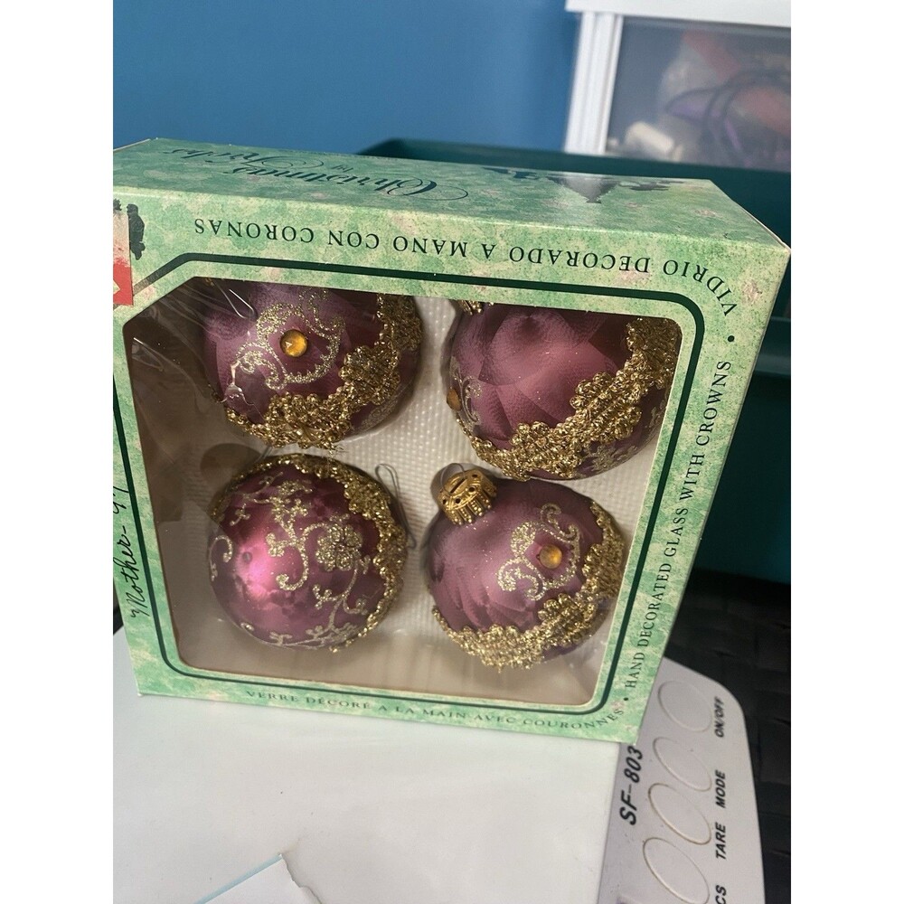 4 VTG Pink Dusty Rose  Ribbon Glass Christmas Tree Ornaments W Crowns Box Krebs